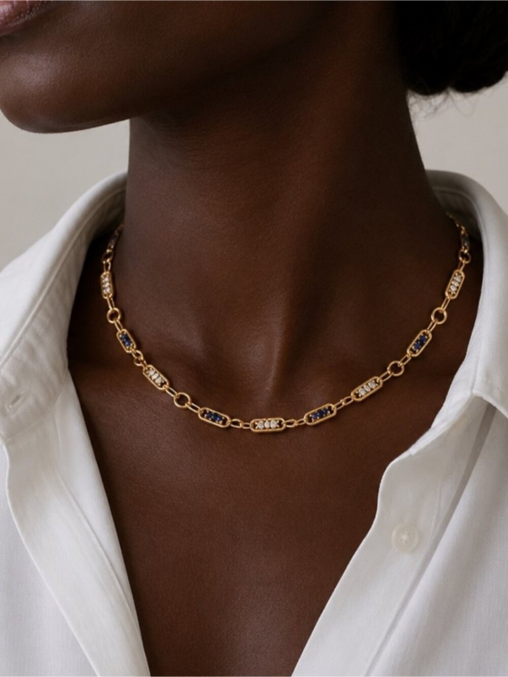 New! Gold Pearl Link Blue Beaded Necklace NWOT (4003)